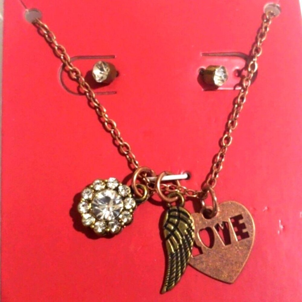 Bronze-tone Love Charm Necklace & Rhinestone Earrings – Romantic Jewelry Set